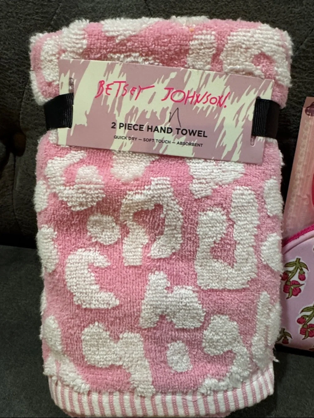 Betsey Johnson Pink Leopard Hand Towel - 2 Piece Set and Makeup Bag Set